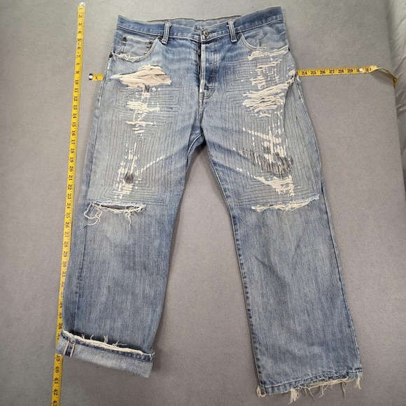 VTG Levis 501 Jeans Mens Selvedge LVC Blue Light Wash Thrashed Repair Fits 36x27